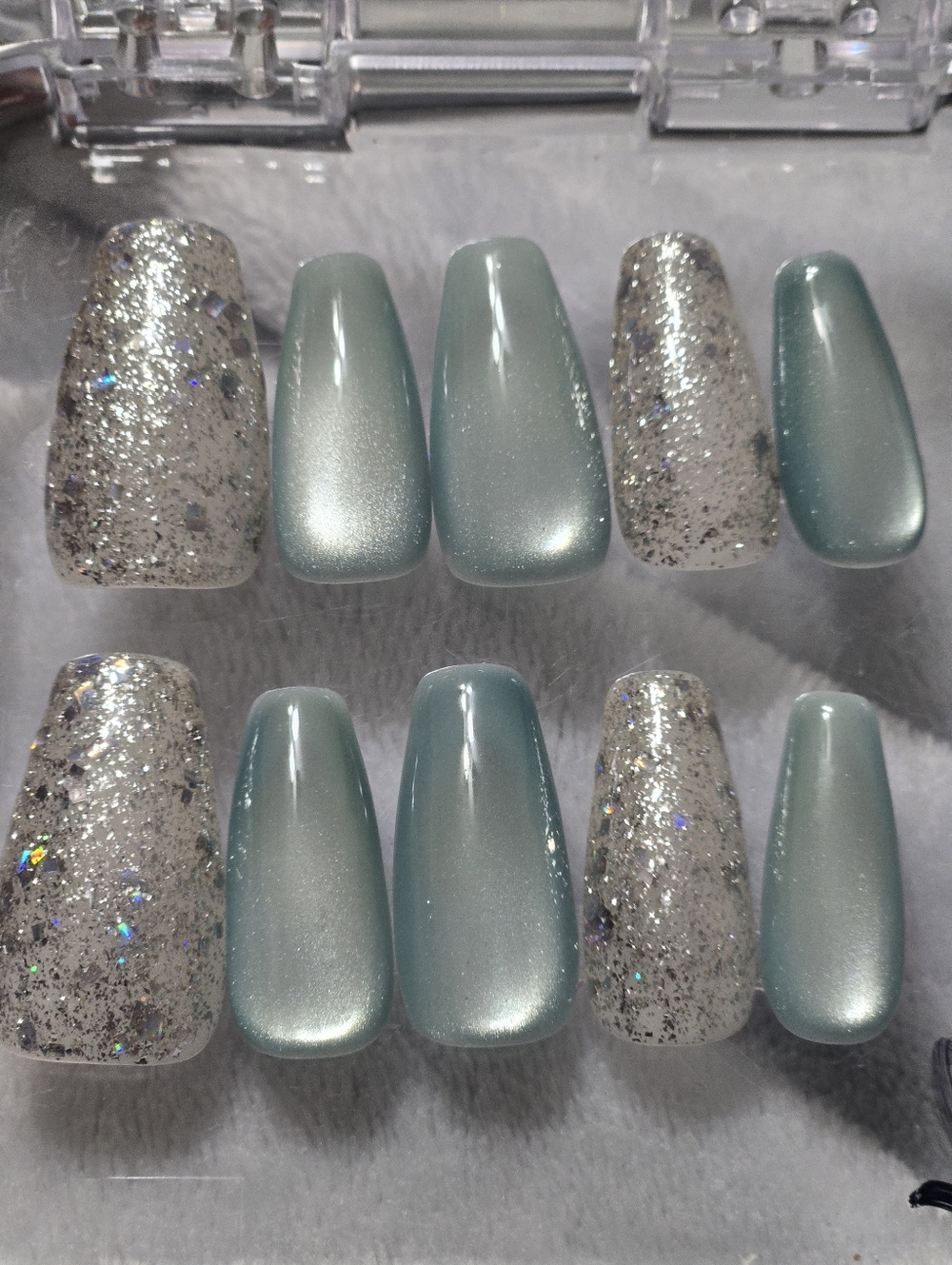 Iridescent Mint & Silver Glitter Press-On Nails, Medium Length Coffen Shape
